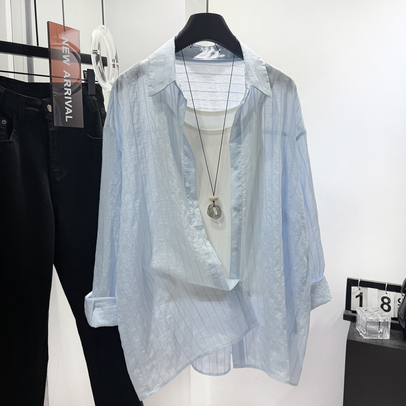 Korean Style Blue Striped Shirt for Women 2026 Summer New Casual Relaxed Sun Protection Shirt Thin Jacket Korean Style Blue Striped Shirt for Women 2026 Summer New Casual Relaxed Sun Protection Shirt Thin Jacket
