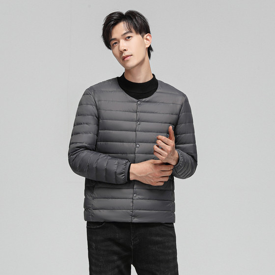 2023 New Thin Men's Down Jacket Short Round Neck Lightweight Liner White Duck Down Large Size Jacket for Young and Middle-aged People