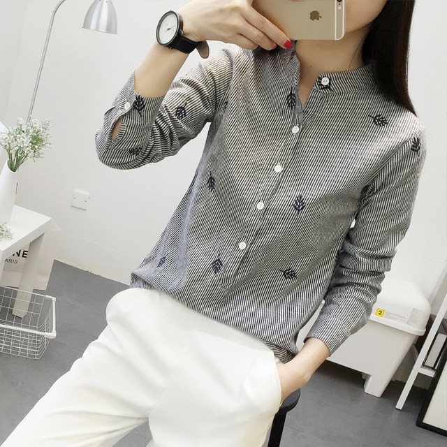 Striped cotton long-sleeved shirt for women, slim-fitting, mid-size inch shirt for outer wear, autumn clothes, casual spring clothes, small shirt tops