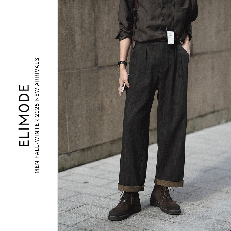 Eli【Green Book】French Linen Blend Strong Twist Active Denim Straight-Leg Pants Black Tea Color Autumn and Winter Eli【Green Book】French Linen Blend Strong Twist Active Denim Straight-Leg Pants Black Tea Color Autumn and Winter