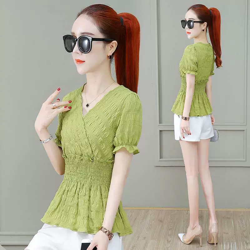 Áo voan nữ tay ngắn 2020 hè mới xù nữ xù eo thon gọn che bụng bụng áo ngoại nhỏ - Áo sơ mi chiffon ren