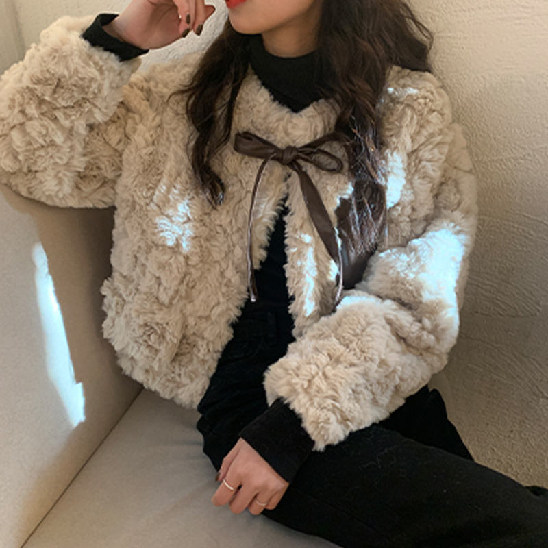 2021 autumn winter new imitation leather straw jacket woman 100 lap cute jacket plush warm Korean version seater rabbit hair short coat