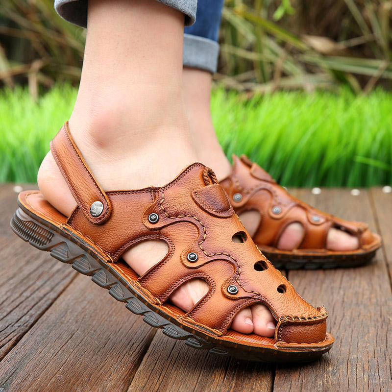 Top layer cowhide tendon bottom sandals men's leather casual middle-aged and elderly Baotou beach shoes outdoor leather sandals non-slip summer