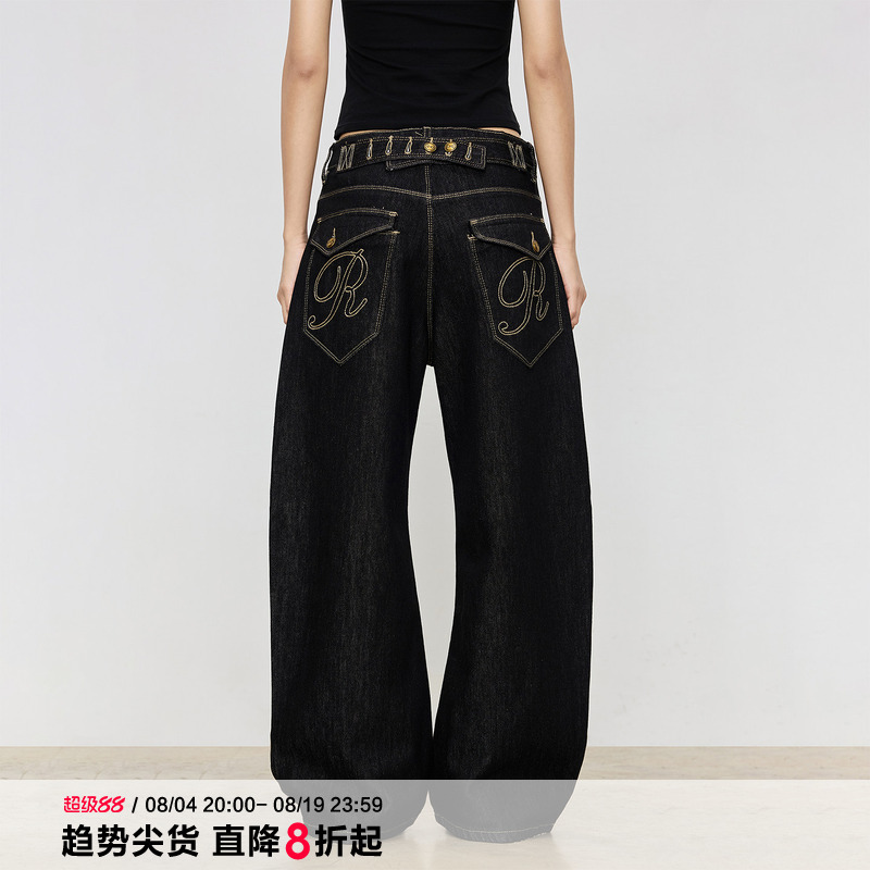 Black of Exit American Retro Raw Denim Paris Buckle Floor-Length Wide-Leg Pants New Couple Scimitar Jeans Black of Exit American Retro Raw Denim Paris Buckle Floor-Length Wide-Leg Pants New Couple Scimitar Jeans