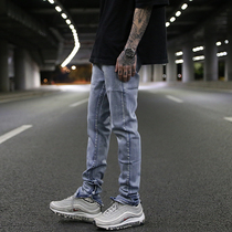 High Street KANYE base models without holes washing water Blue Wild Wild inside zipper slim stretch small feet jeans GD