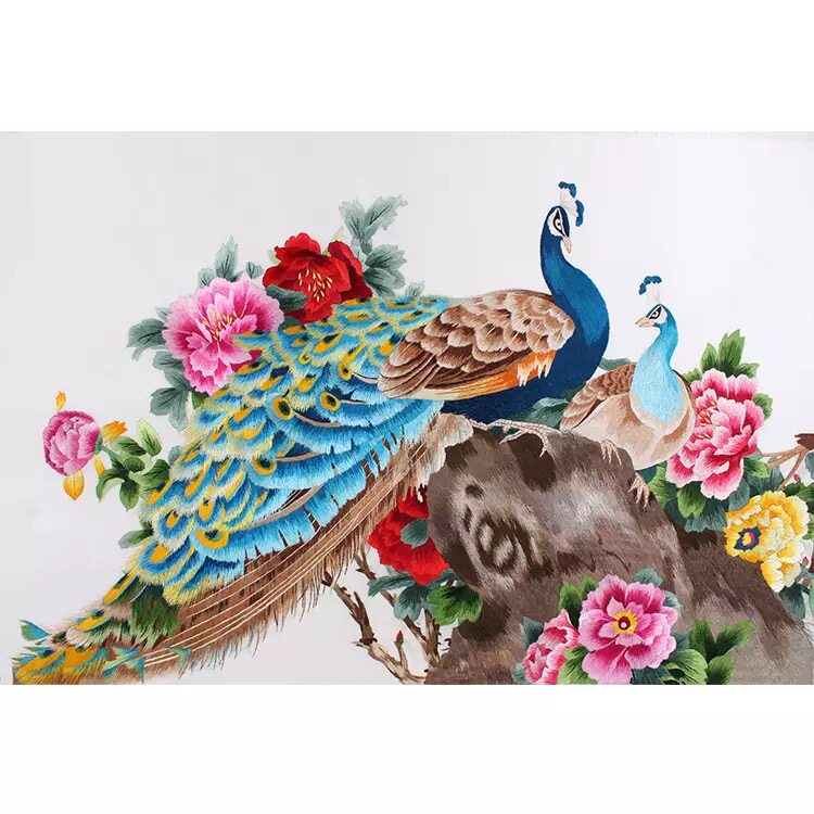 ] Suzhou Embroidery DIY Kit, Stitch Scanning, Rich Peony and Peacock Figure, Manual Self-taught Embroidery Decorative Painting