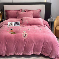 2022 winter thickened warm quilted bed cover four-piece milk velvet embroidery quilt cover baby velvet bed cover baby velvet