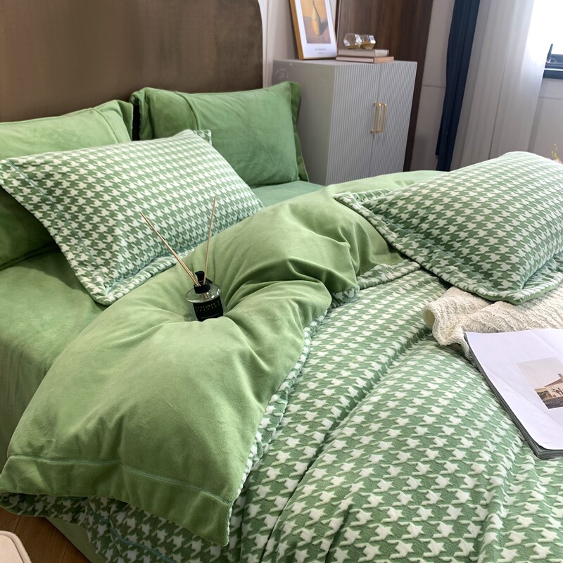 Houndstooth winter warm thick double-sided milk fleece four-piece set carved coral fleece flannel bedding
