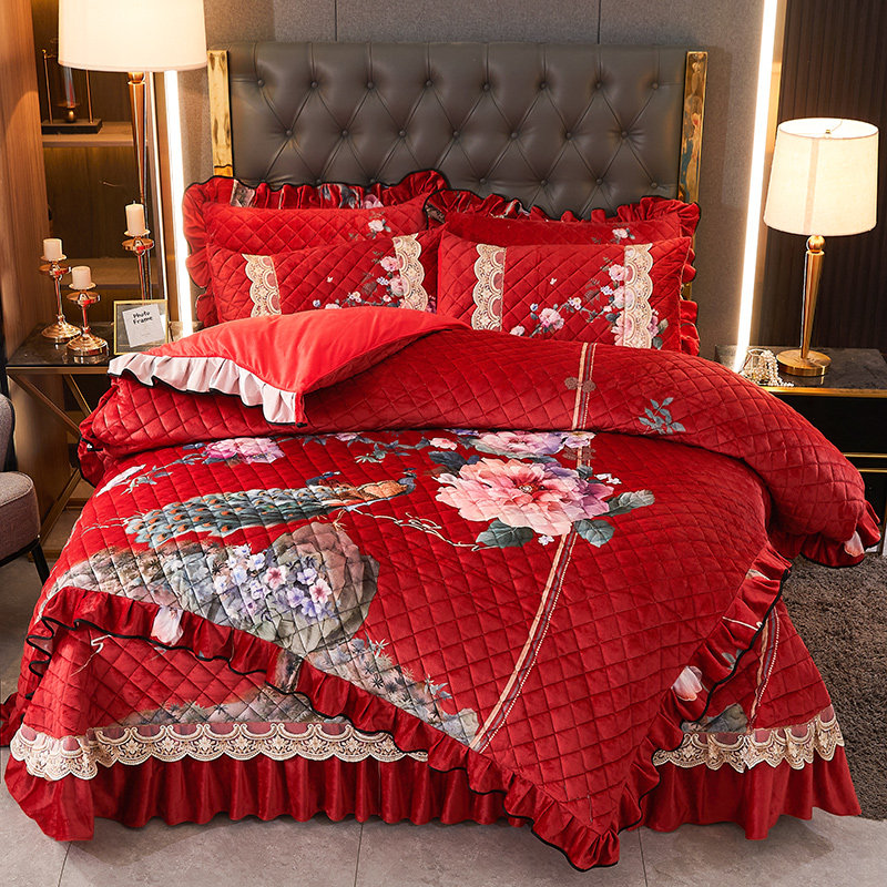 Light luxury winter thickness cotton bedbed cover four pieces of high-end double-sided coral velvet bed
