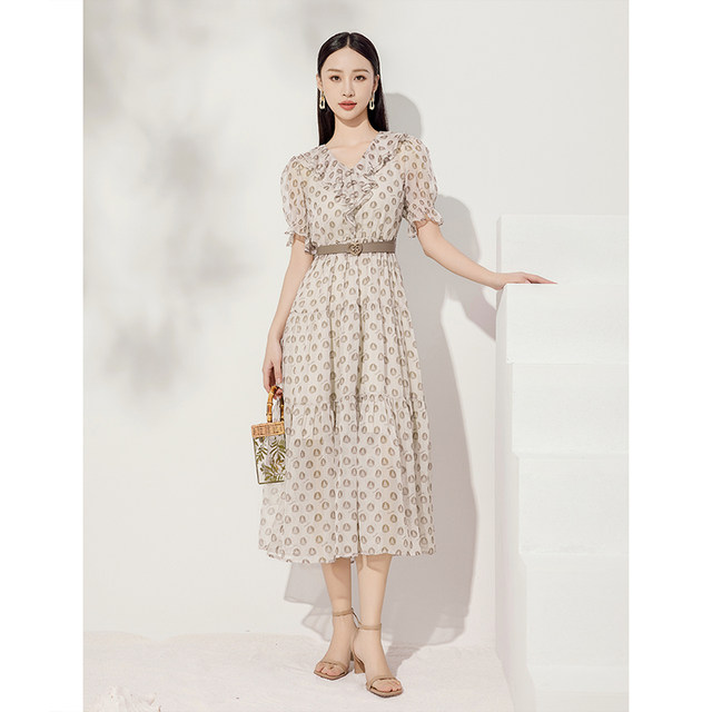 Jiarenyuan dress women's summer 2024 new new-neck printed two-layer ruffle design waist skirt A-line