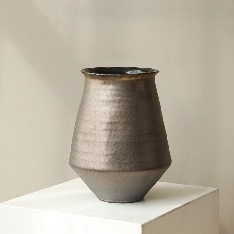 Modern High-End Artistic Style Chinese and Japanese Zen Wabi-Sabi Style Metal Bronze Glaze Ceramic Pot Set Ceramic Flower Vessel
