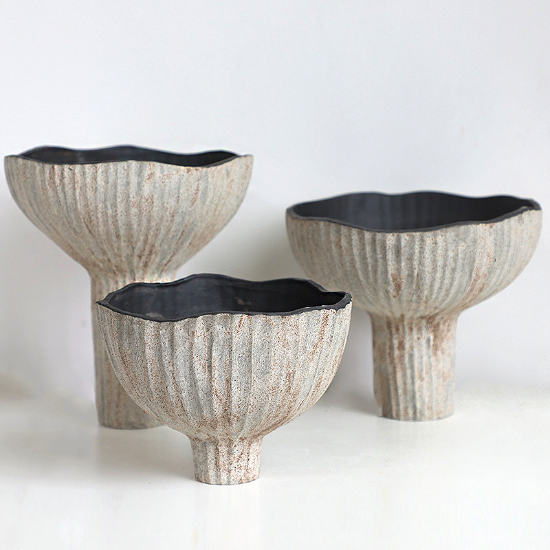 Modern Zen Wabi-Sabi Style Wide-Mouth Tall Cement-Colored Flower Pot Ceramic Vase Large Decorative Piece for Guesthouses and Hotels