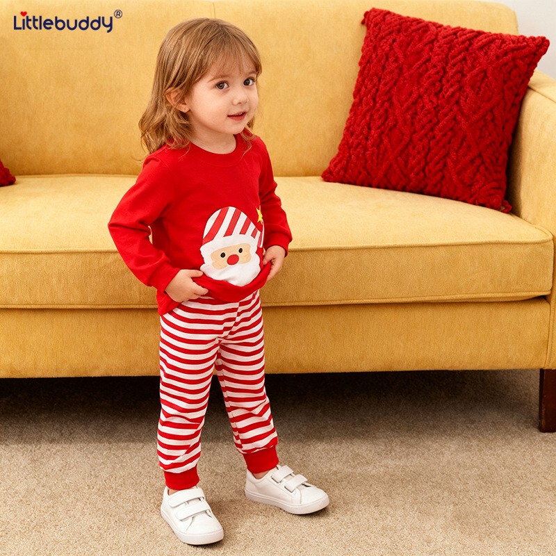 Cross-Border Children's Cotton Suit for Boys and Girls, European and American Santa Claus Holiday Clothing, Round Neck Thin Home Wear Two-Piece Set