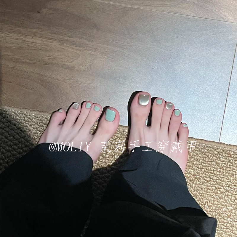 Milk Green Toenail Patch, Summer Refreshing Mint Feeling, Cat Eye Foot Wear, Whitening, Sparkling Waterproof Manicure