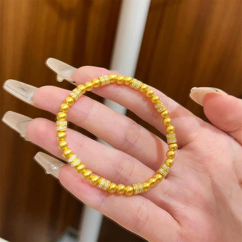 Gold-Plated Bracelet with Rhinestones and Gold Beads for Women, Traditional Gold Color Fortune Beads, New Chinese Style Stackable and Delicate Rhinestone-Encrusted Bracelet