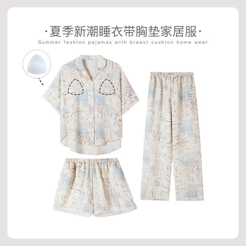 Li Yin Summer Style Bubble Cotton Women's Lapel Tassel Pajamas Summer Short-Sleeved Long Pants Can Be Worn Outside Home Wear Three-Piece Set