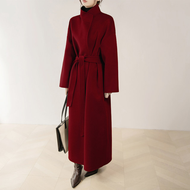 New Year's jersey red long double-sided woolen coat with stand collar