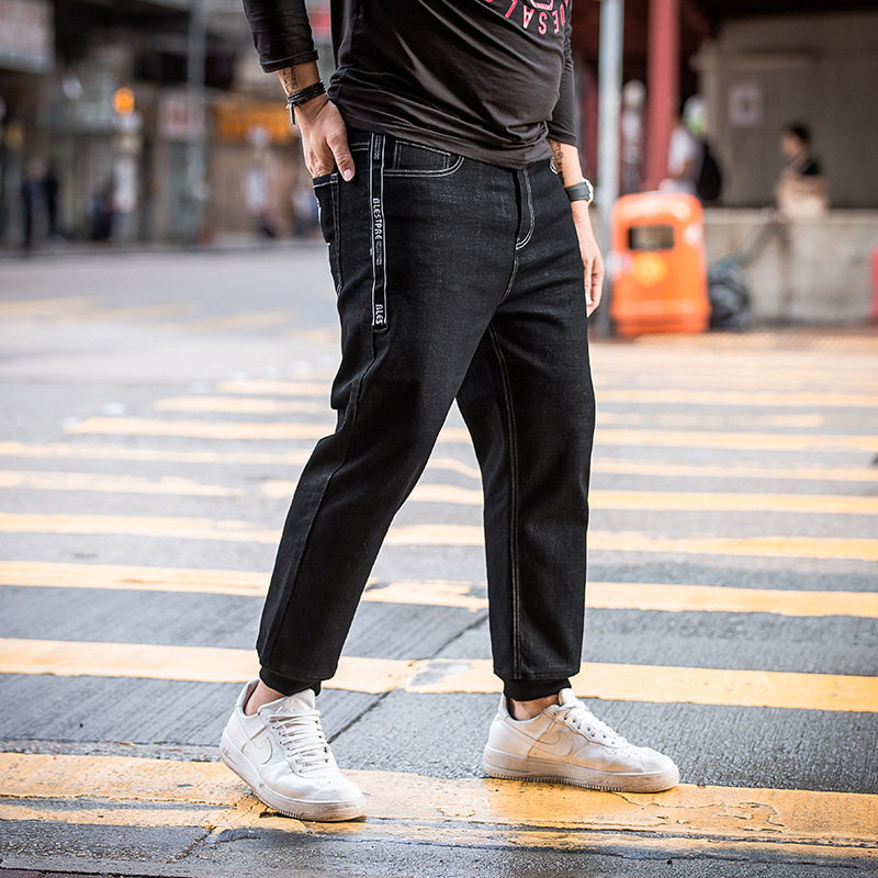 胖人潮流个性男裤胖子加肥加大码牛仔裤肥仔男士宽松小脚黑色长裤