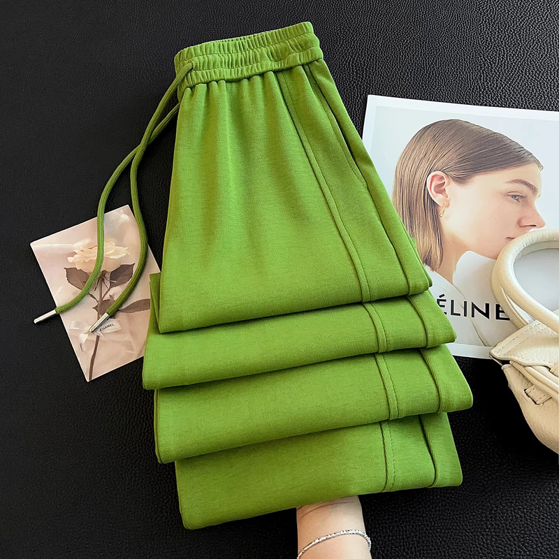 Super Stylish Green Straight-Leg Sweatpants for Women, Spring 2026 New Model, High-End Sports Pants, Scimitar Straight-Leg Casual Pants