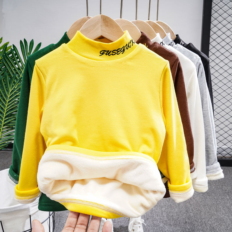 Children thickened beating undershirt 2021 autumn and winter male and female children pure cotton high collar plus suede blouse 2-7 year old warm wave