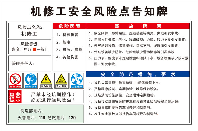 Mechanic Risk Point Notification Card Beware of Electric Shock Hazard Warning Occupational Hazard Notification Card