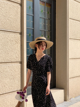 autumn Jun autum black French polo dress Women summer long bubble sleeve V neck split skirt