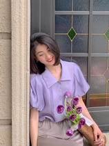 autumn monk Tencel purple bubble sleeve shirt female summer design sense niche micro-transparent French top