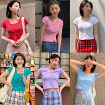 autumn Jun autum solid color knitted short sleeve t-shirt women 2021 summer wild short open umbilical bm wind cardigan