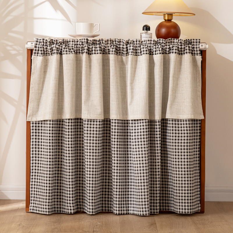 Japanese-Style Black Checkered Cotton and Linen Curtains, Vintage American Half-Curtains, No-Drill Door Curtains with Adhesive Magic Tape, Cabinet Cover Curtains Japanese-Style Black Checkered Cotton and Linen Curtains, Vintage American Half-Curtains, No-Drill Door Curtains with Adhesive Magic Tape, Cabinet Cover Curtains