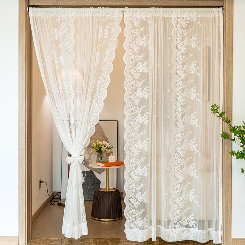 Punch-free magic with curtain curtain French white lace living room balcony floating window and curtain cut through the bar