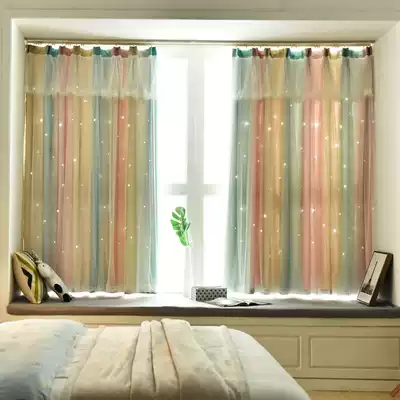Modern simple Nordic princess style ins star net red curtain cloth living room bedroom bay window striped shading finished product