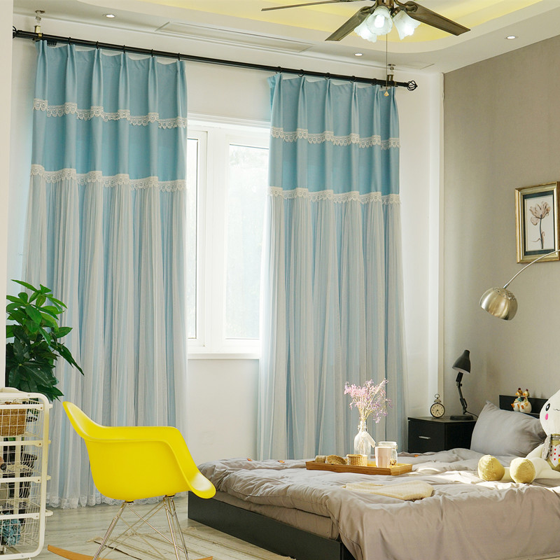 New Pint Bedroom Curtains Han Style Fields Blue Fresh Pure color shading cloth Custom Living room floor window Flat window