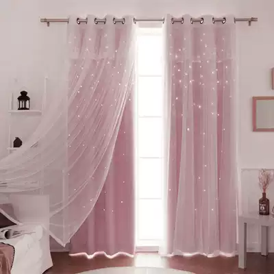 Shading bay window curtains Shaking sound stars warm pink curtains Princess style net red ins Living room Bedroom floor-to-ceiling window