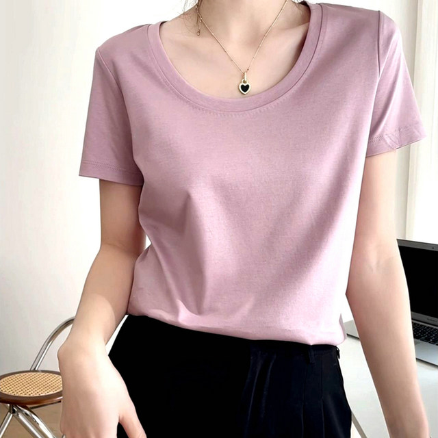 ເສື້ອຍືດຄໍ U-neck mulberry silk mercerized cotton t women's white inner small neck round women's short-sleeved bottoming cotton top t-shirt