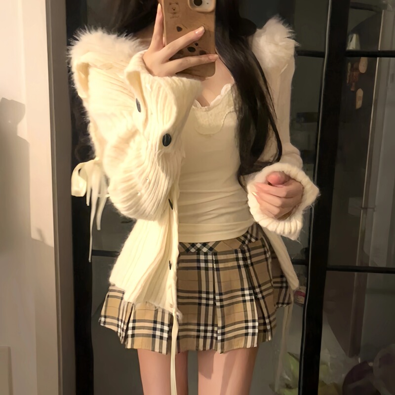 【Snow Velvet Love】Ribbon Navy Collar Soft Knitted Cardigan with a Stylish Design in Off-White Sweater Coat