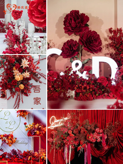 婚庆地排花红色中式婚礼花排布置排花现场花艺道具花排订婚仿真花