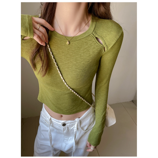 唯夕念潮搭简约肩部镂空纯色长袖T恤