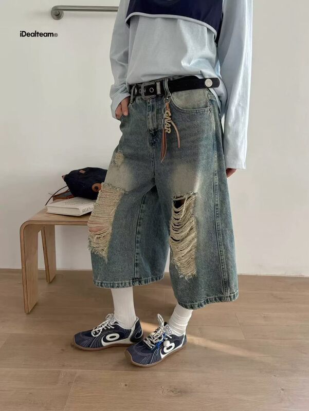 American Retro Loose Wide-Leg Ripped Jeans with Accessories, Summer High-Waisted Straight-Leg Washed Vintage Cropped Pants