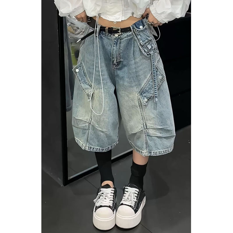 Heavy-Duty Korean Streetwear-Style Denim Cropped Pants, Washed and Distressed Wide-Leg Mid-Length Pants, Loose Niche Design Straight-Leg Pants