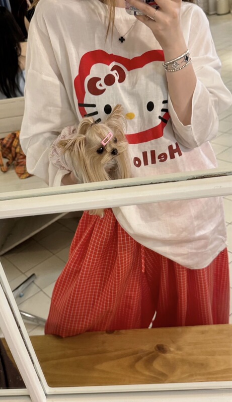 Korean Style Lazy and Relaxed Hello Kitty Thin Long-Sleeved Sun Protection T-Shirt with Red Plaid Drawstring Wide-Leg Pants Two-Piece Set