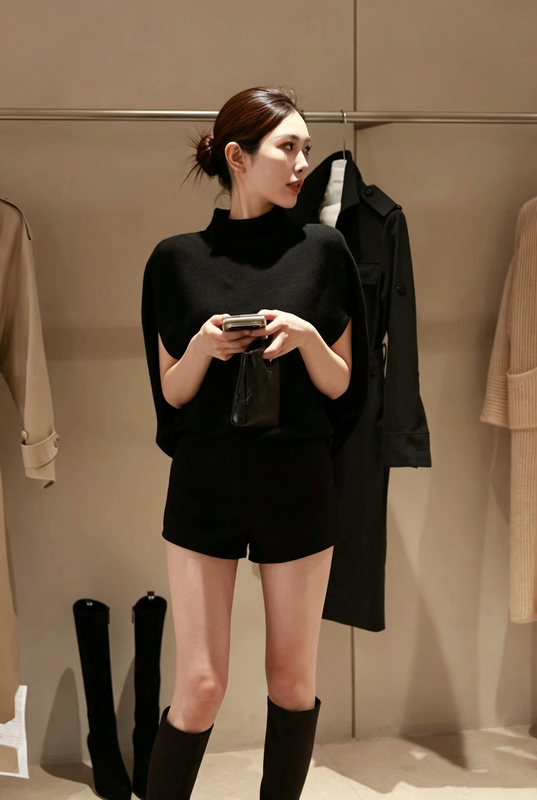 Korean-Style High-End Half-High Collar Cape Sweater for Women, Unique Shawl Design, Loose Black Short-Sleeve Knit Top Korean-Style High-End Half-High Collar Cape Sweater for Women, Unique Shawl Design, Loose Black Short-Sleeve Knit Top