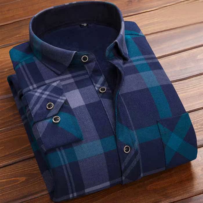 Mùa đông cộng với nhung dày trẻ lâu sleevewarm mens áo ấm cha trung niên mặc áo kẻ sọc cộng béo áo kích thước lớn.