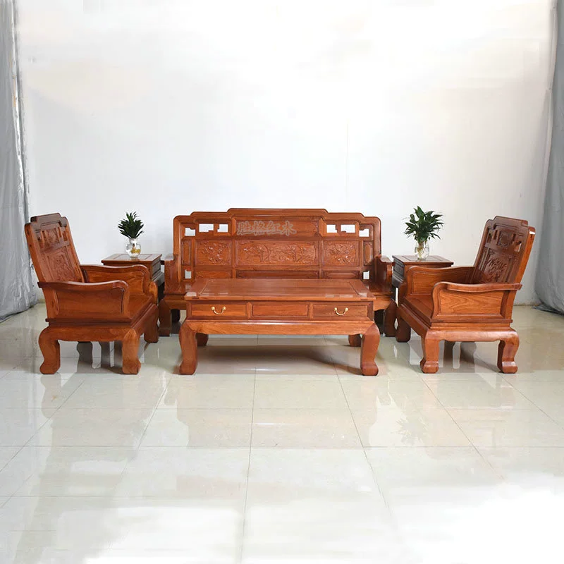 Big Fruit Red Sandalwood Màu sắc quốc gia Sofa Tianxiang Six-Piece Gỗ hồng mộc chạm khắc phòng khách kết hợp gỗ Mahogany Đồ gỗ rắn - Bộ đồ nội thất