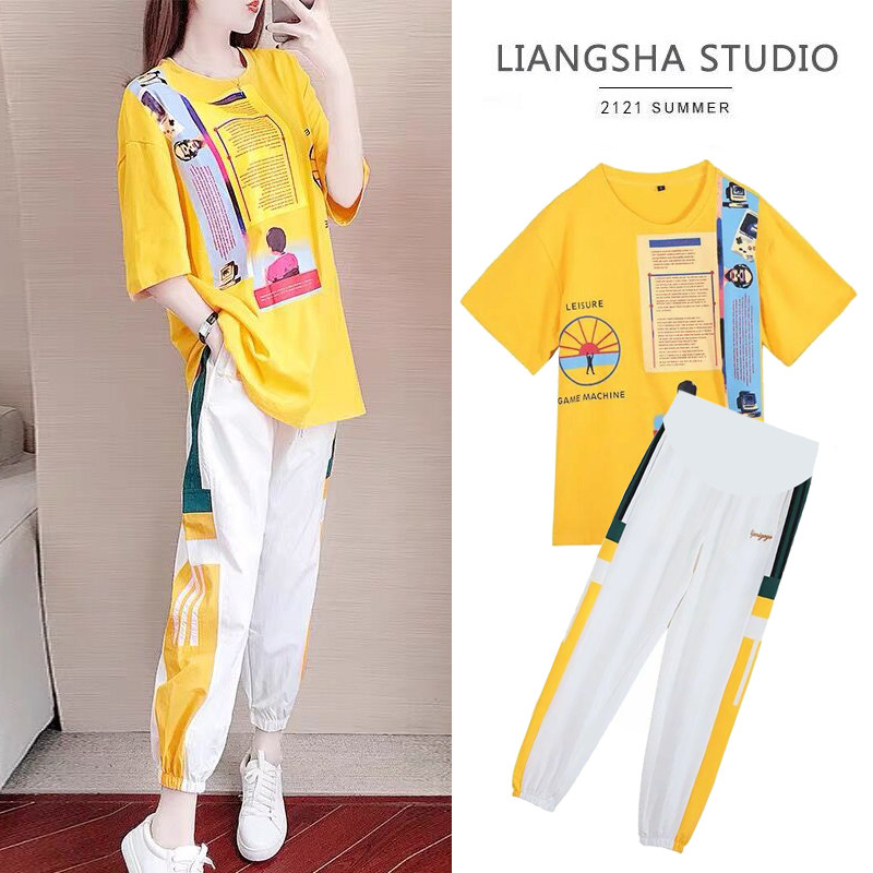 Pregnant women's summer suit outgoing fashion models 2023 summer thin Korean edition relaxed leisure sports two pieces
