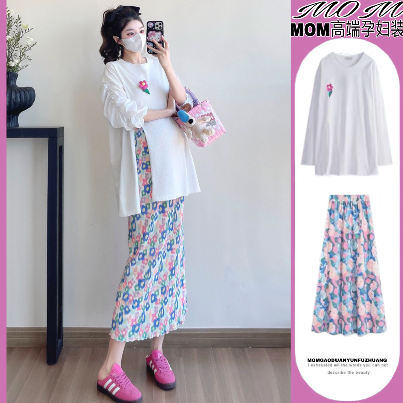 French Sweet Holiday Style White Sun Protection T-Shirt Top for Pregnant Women, Loose-Fitting Floral Skirt Set with a Sense of Design