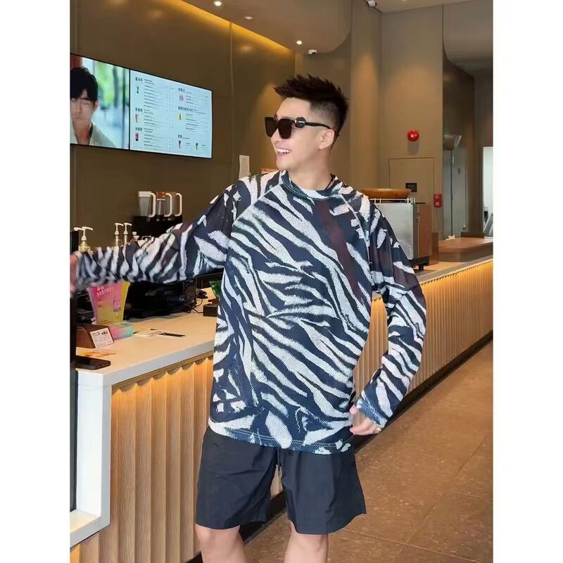 American-Style Sports Zebra Print Sun Protection Shirt T-Shirt Ice Silk Mesh Breathable Elastic Quick-Drying Long-Sleeve Shirt Retro Versatile