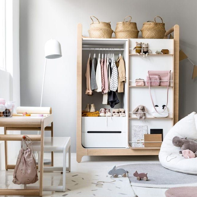 Solid wood children's wardrobe household bedroom boy girl in Northern Europe small closet push and pull door bookcase