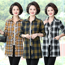 Mom Loaded Spring Dress Long Sleeve Cotton Plaid Shirt Mid Aged woman Long dress with pocket cardiovert t-shirt blouse