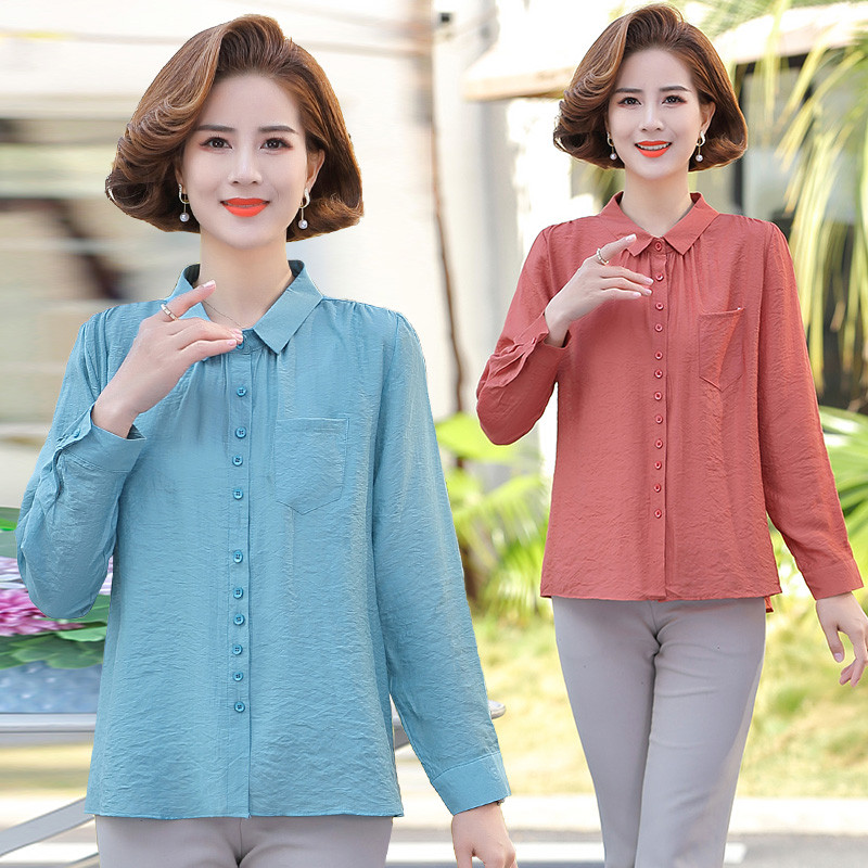 Mom Loaded Spring Dress Long Sleeve Shirt Mid Aged Woman Dress Pure Color Cardiovert T-shirt Casual Display Slim Single Row Buttoned Blouse