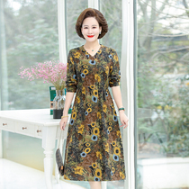 Middle Aged Woman Dress Spring Dress Long Sleeve Crummy Dress Mother Dress Cotton Numb collar Korean version loose with long style dress